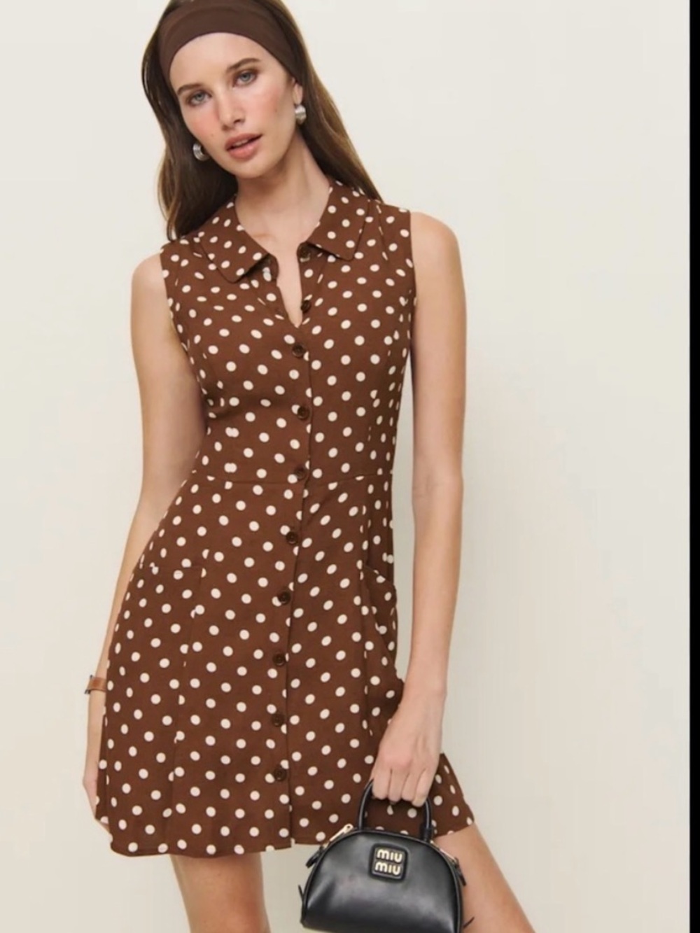 Reformation Brown Polka Dot Sleeveless Shirt Dress - Picture 1 of 7